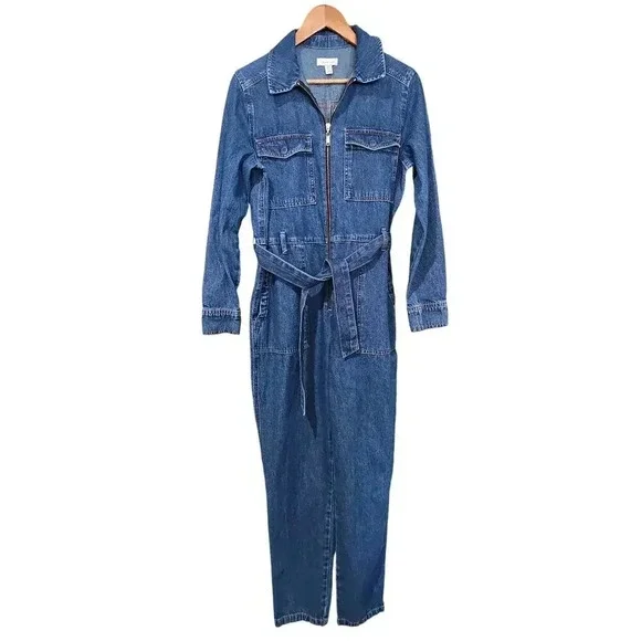 Topshop Zip-Up Belted Utility Denim Boiler Suit Blue Size 8 - Picture 10 of 13
